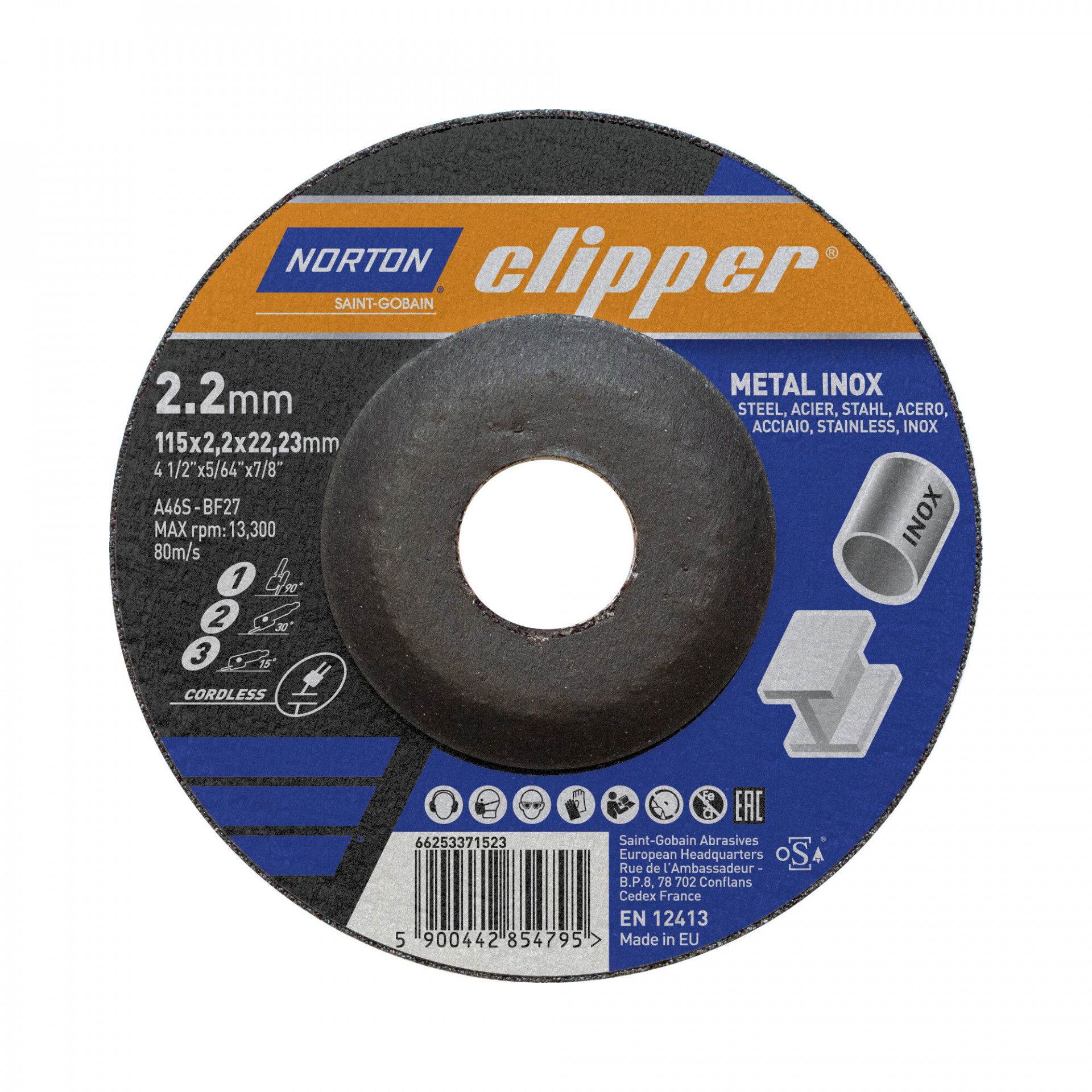 Norton Clipper 1-2-3 vágó, tisztító, csiszolókorong 115x2,2x22,23mm A46S, 25 db/csomag termék fő termékképe