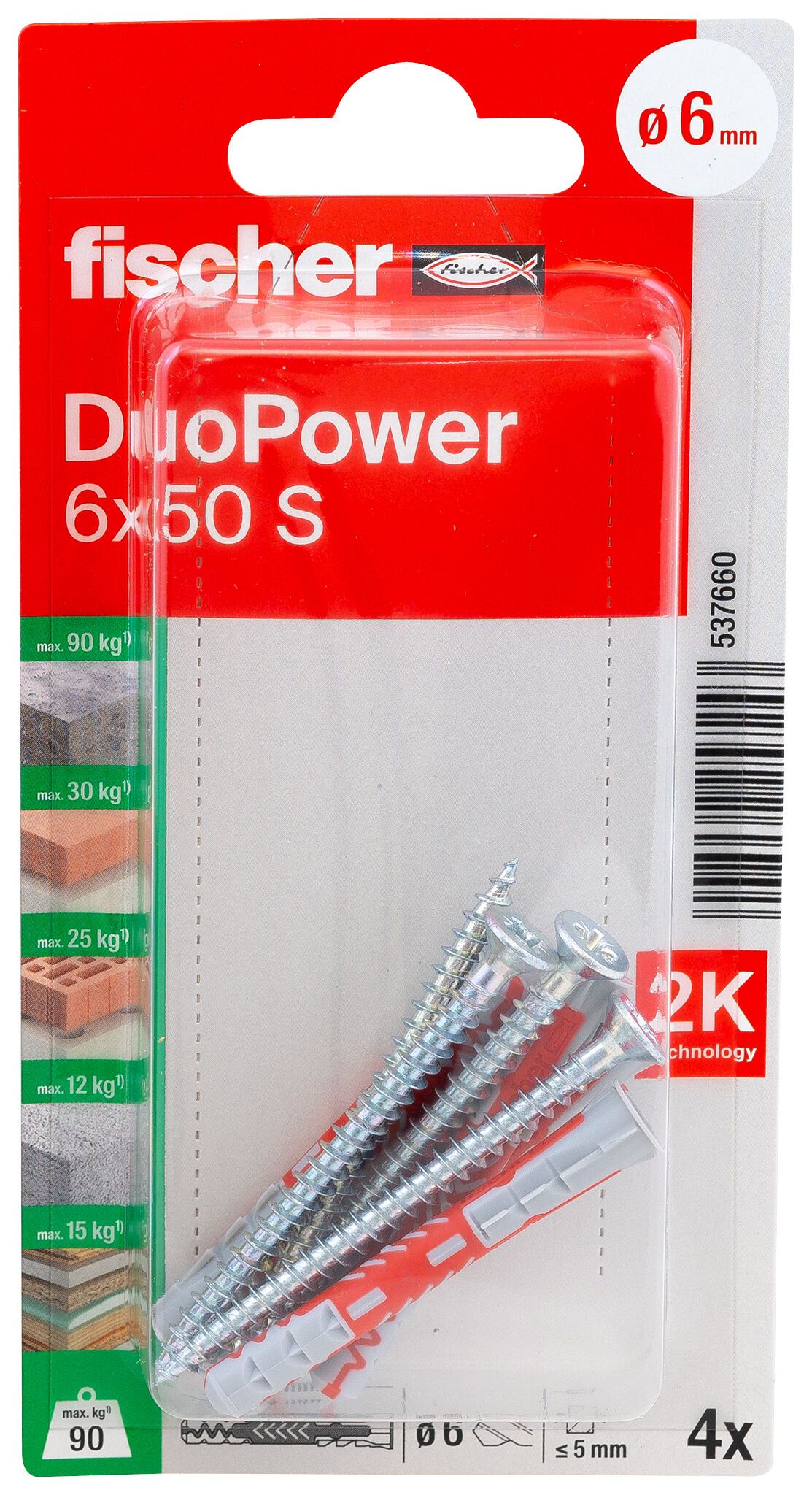 Fischer DuoPower kétkomponensű nylon dübel 6 x 50 S K - csavarral, bliszteres, 4 db/csomag termék fő termékképe